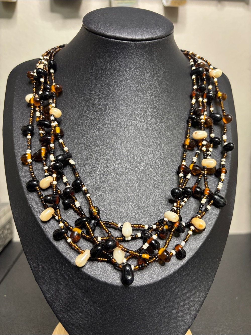 Vintage Glass Multi-Strand Black, Amber & Cream Beaded Necklace